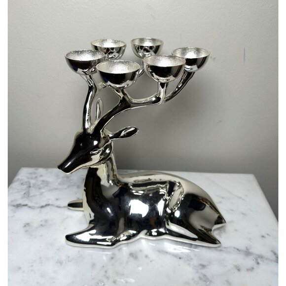 Crate and Barrel Christmas Reindeer Set 6 Round Candle Holder Silver Color Home - Picture 1 of 9